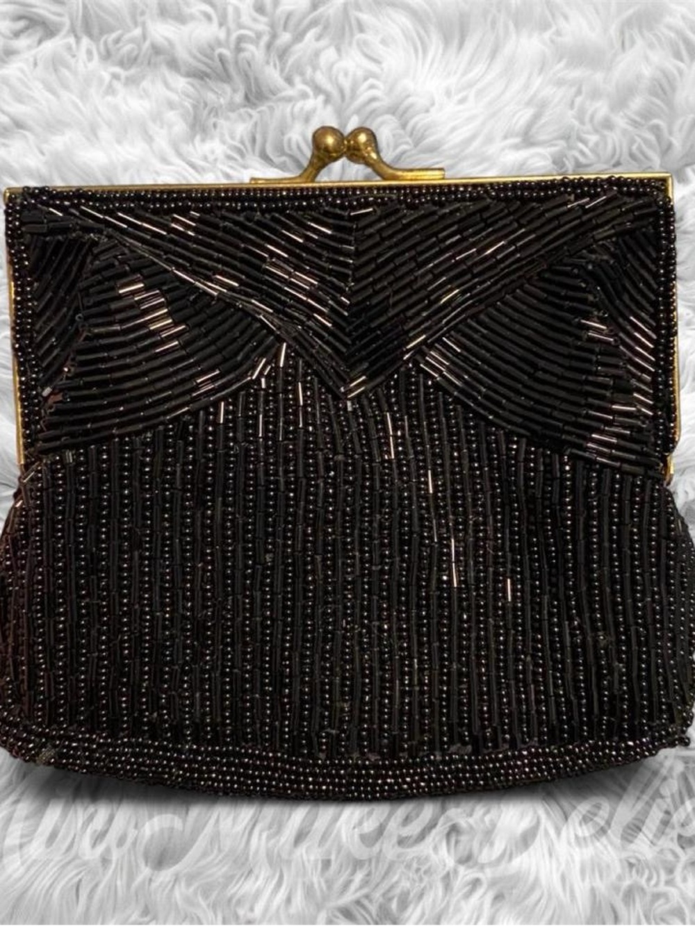 Magid Black Beaded Evening Clutch with Gold Frame